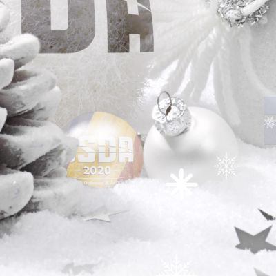 Christmas border with ornament, golden present and snow